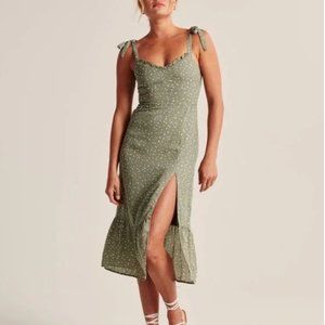 ABERCROMBIE & FITCH Green Tie Strap Midi Dress with White Polka Dots
